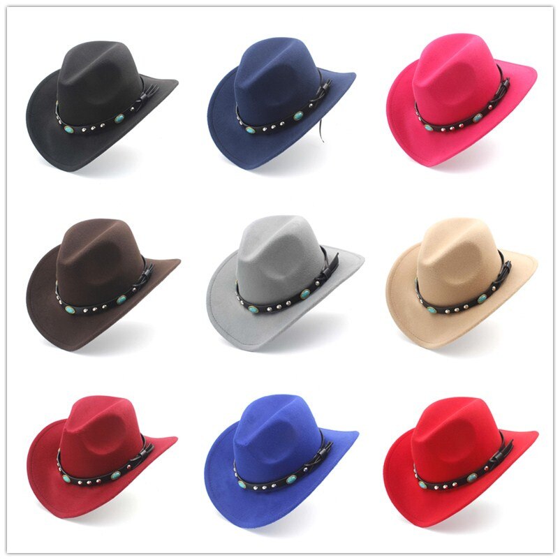 LUCKYLIANJI Wool Felt Western Cowboy Hat For Kid Child Wide Brim Cowgirl Kallaite Braid Leather Band (Size:54cm,Adjust Rope)