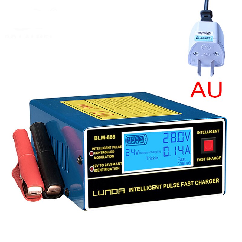 English LCD Display Full Automatic Car Battery Charger 150V/250V To 12V 24V Smart Fast Power Charging For Wet Dry Lead Acid: AU-Blue