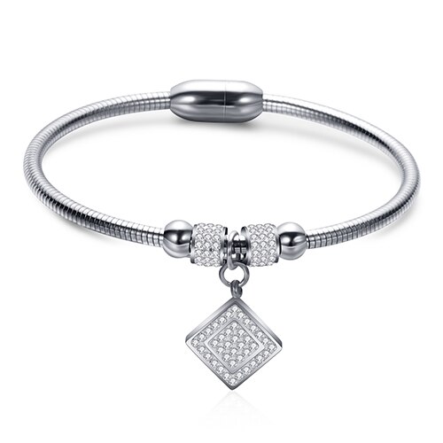 Square Crystal Bracelets Bangles Magnet Clasp With Snake Chain 316L Stainless Steel Wedding Jewelry Bangle for Women: silver steel