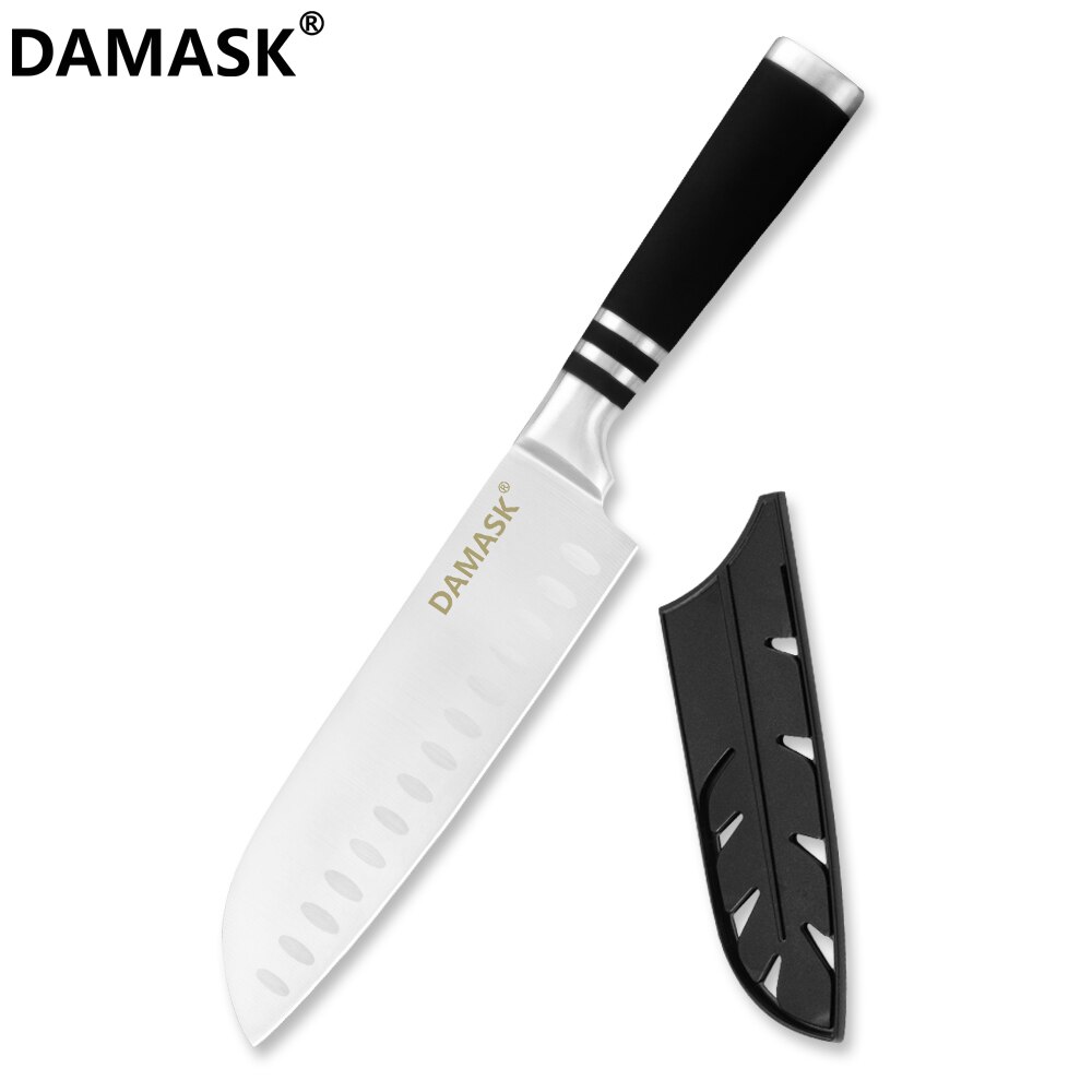 Damask mærke 3 cr 14 rustfrit stål køkkenknive sæt 430 greb knive med gratis knive dæksler: 7 tommer santoku kniv