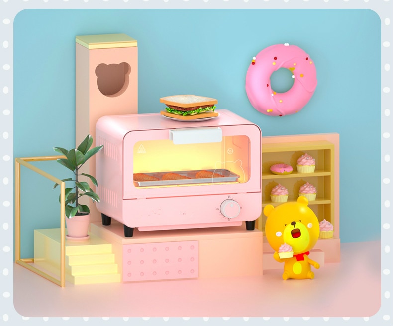 220V 6L 800w Pink Mini Electric oven Quartz glass heating tube Tempered glass Fully automatic 28x165x21cm