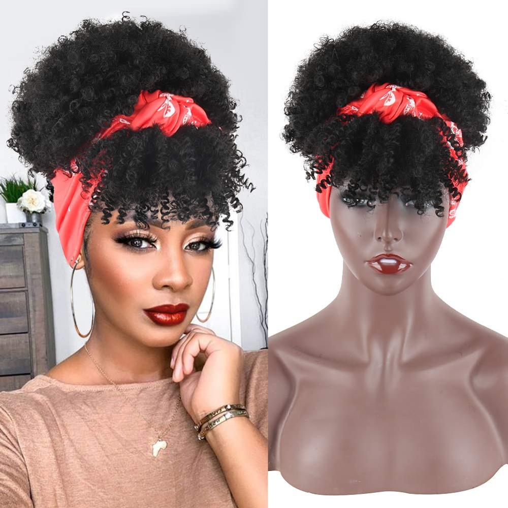 Afro Puff Turban Synthetic Wig Short Kinky Curly Headwrap Drawstring Wrap-wig 2 in 1 Updo Head-Wrap Wig for Black Women: NE12