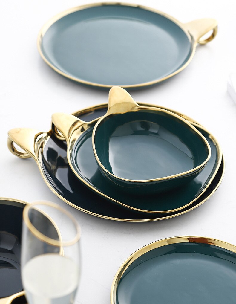 Ceramic Ring Dinnerware Set Bowl Dishes Saucer Combination 11.5inch Plate Green Light Luxury Modern Dinner Set