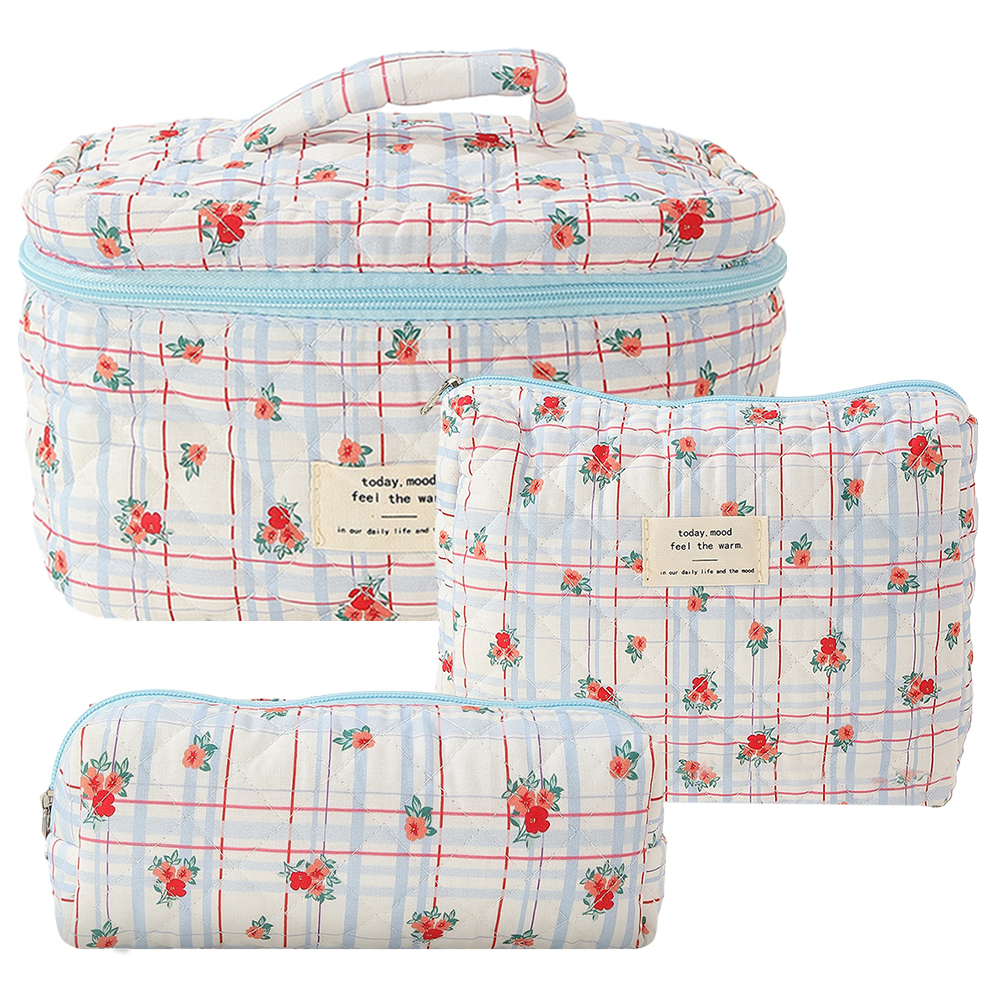 3pcs/set Ladies Quilted Cotton Storage Bag Aesthetic Printed Makeup Bag Women's Large Capacity Toiletry Organizer Cosmetic Pouch