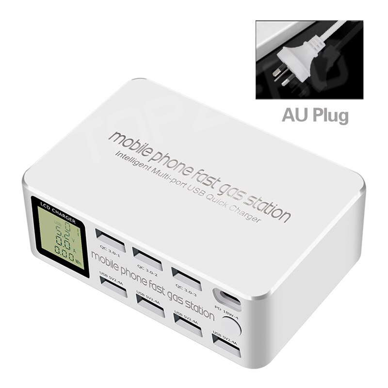 100W 8 Poorten Lcd-scherm Quick Charge 3.0 Usb Charger Adapter Hub Type C Pd Snelle Telefoon Oplader Voor iphone Huawei Samsung Xiaomi: AU Plug