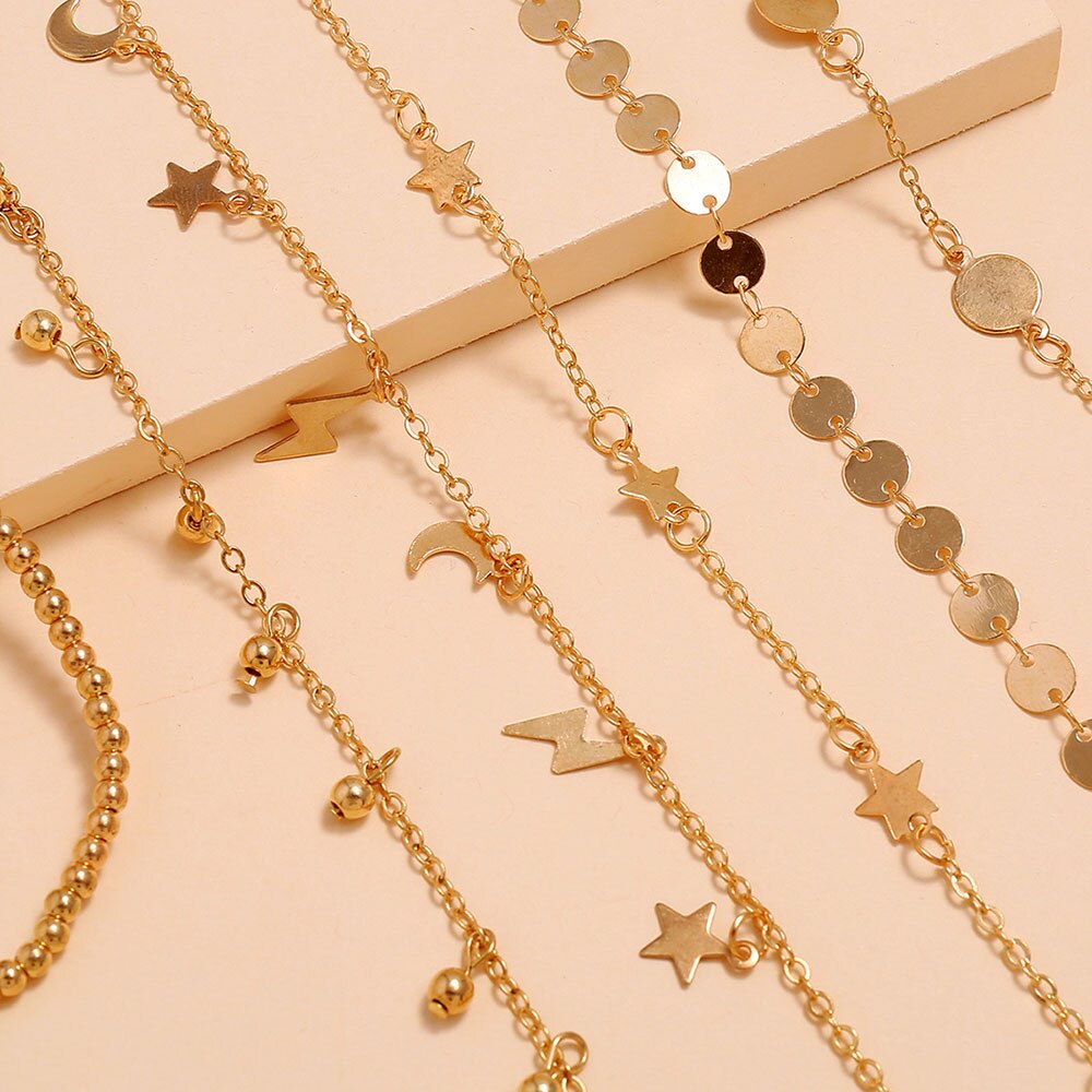 Modyle 6 stk ankel armbånd sæt boho smykke kæder uendelig runde charm armbånd guld kvinder kobber metal til kvinder ankel fod