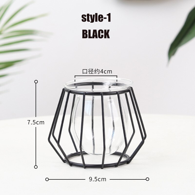 Terrario florero de vidrio dorado nórdico, florero de línea de hierro geométrico hidropónico para plantas, soporte de Metal para plantas, decoración moderna para el hogar: style-1 Black