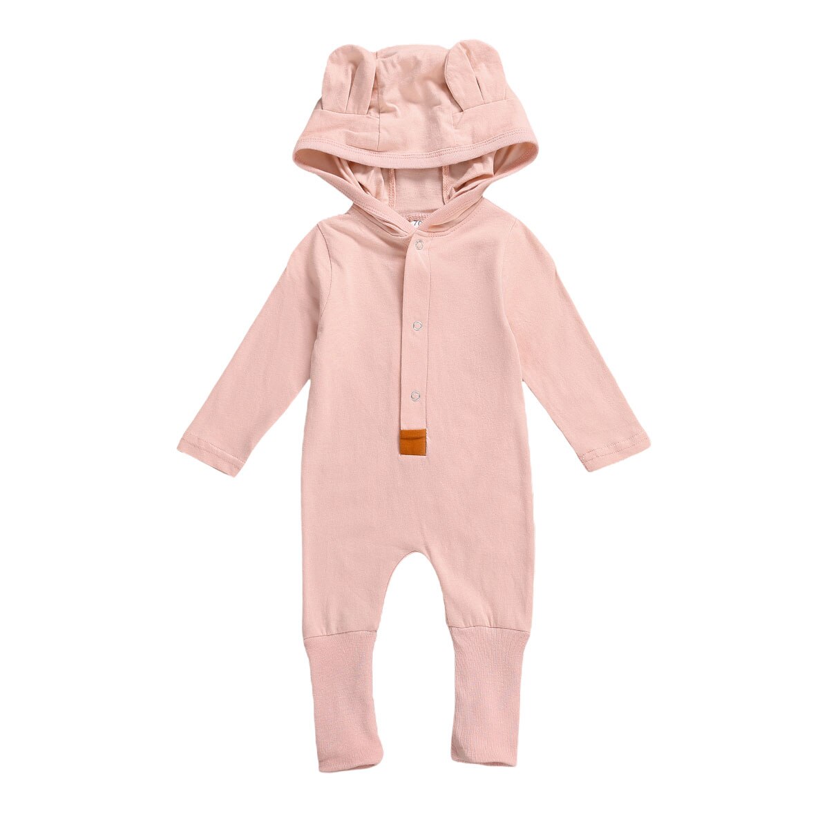 Focusnorm 0-18M Herfst Winter Kids Meisjes Jongens Warm Jumpsuits Effen 3D Oren Capuchon Lange Mouw Knop Rompertjes: Roze / 3M