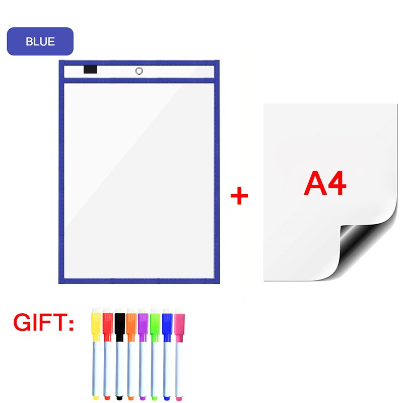 Magnetic Whiteboard Soft Dry Erase Pockets Bags Write Wipe Drawing Writing Classroom Teaching Supplies Reusable Magnet Markers: BlueA48P