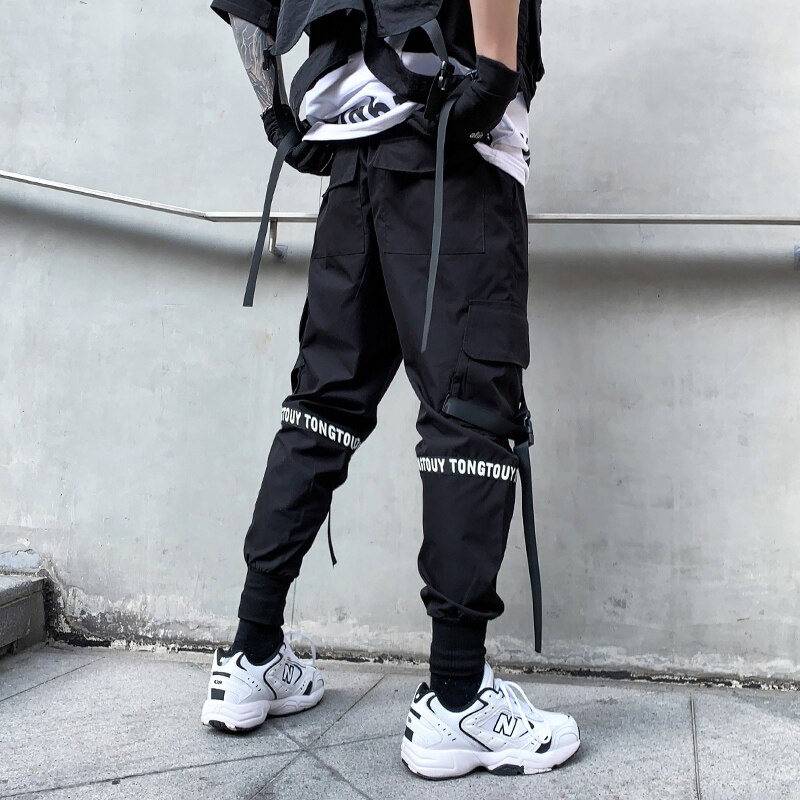 Pantalones Cargo con cintas para Hombre, ropa urbana informal, estilo Harajuku, Hip Hop, gótico, color negro