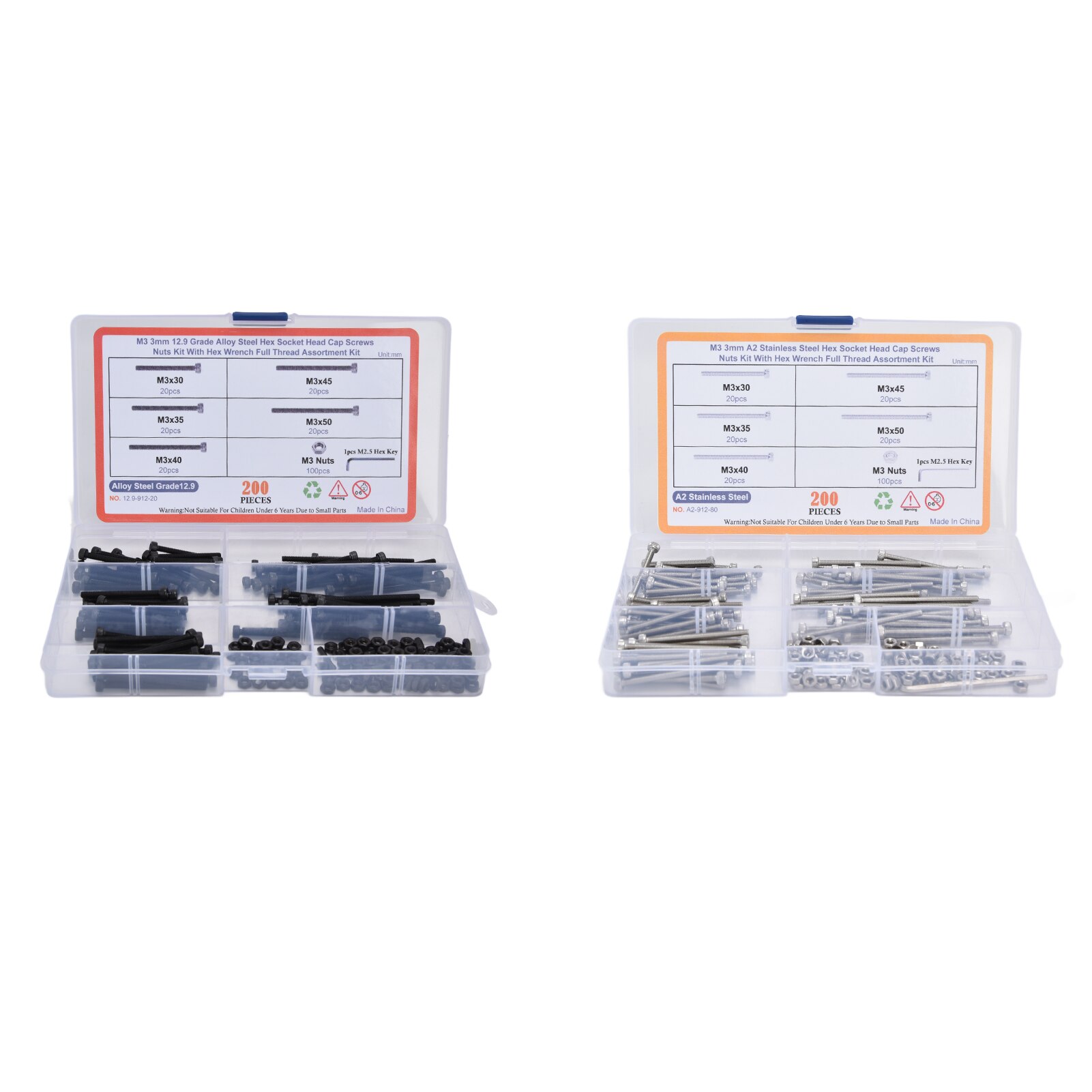 200Pcs Hex Nut Bolt Assortment Kit Hex Socket Head Cap Screws Assortment Set with Wrenches for Industry Cylinder Head Bolt Set