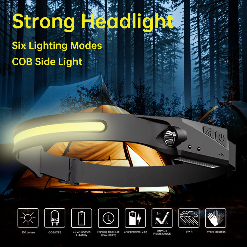 Led-sensor pandelampe usb genopladelig xpe+cob-lommelygte indbygget batterihovedlommelygte udendørs camping fiskeri forlygte lanterne