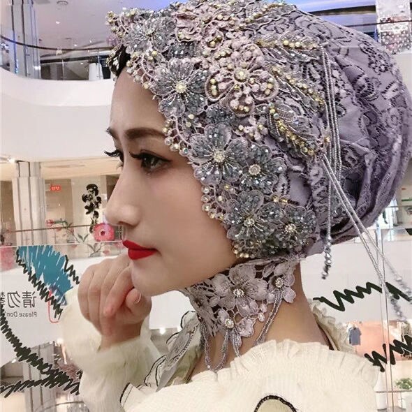 Boutique Handwork Muslim Bride Lace Wedding Party Hijabs Caps 2pcs/set