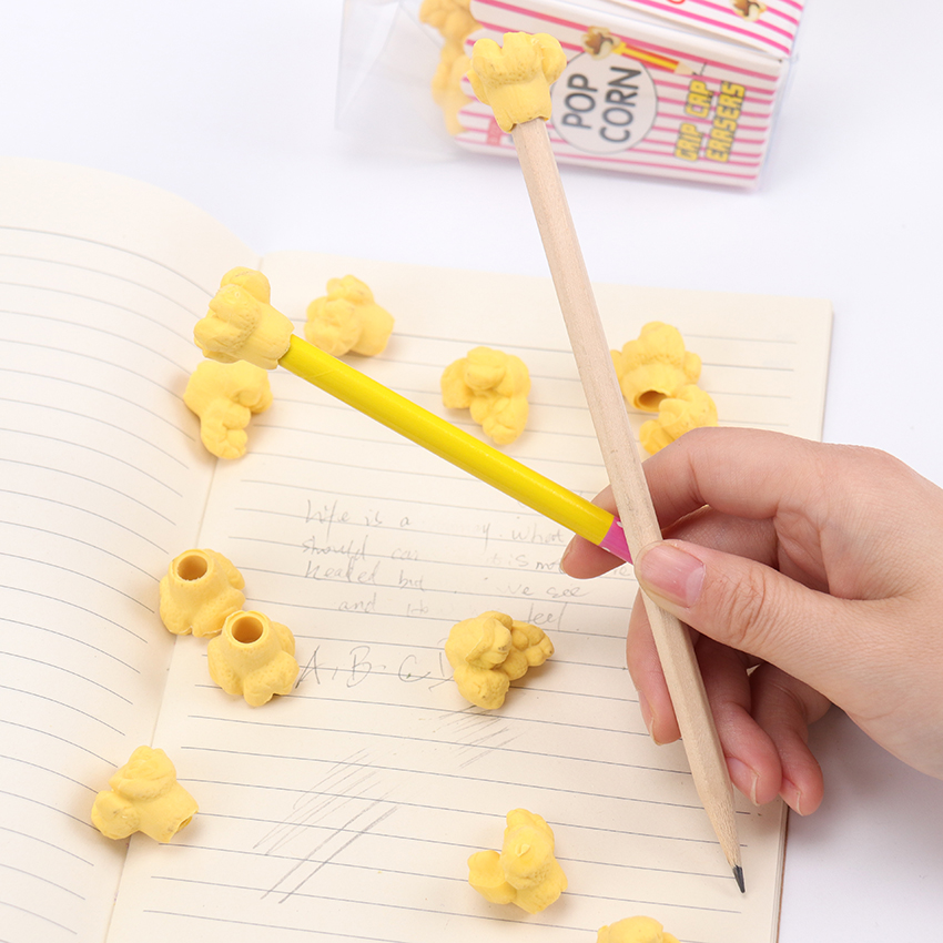 Goma de borrar de palomitas de maíz para comida, pluma Flexible duradera, papelería para estudiantes, suministros escolares para niños, 12 Uds.