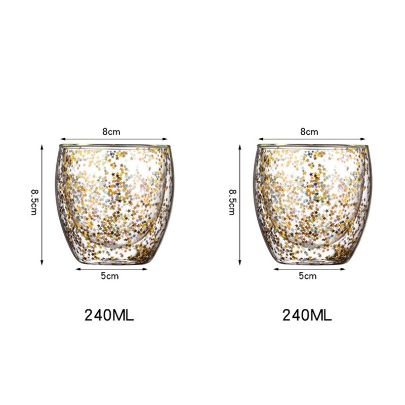 Taza de café de vidrio transparente, vaso de cristal resistente al calor de doble fondo, creativa estrella del cielo, Taza de leche de lentejuelas para whisky y cerveza, 2 uds.: 240ml