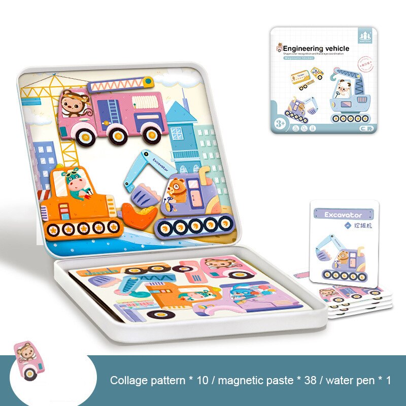 1Set Kinderen Ijzeren Doos Magnetische Puzzel Verkeer Dieren Collage Early Education Learning Game Kinderen Dag: 01