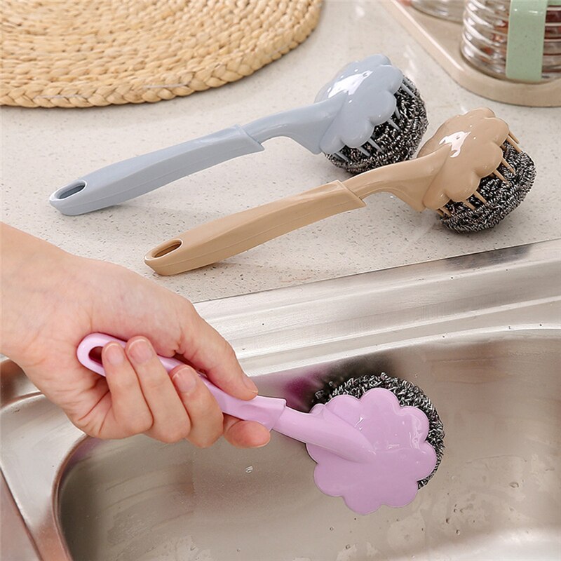 Long Handle Kitchen cleaning and lengthening handle brush pan handle stainless steel wire ball Kitchen cleaning utensils