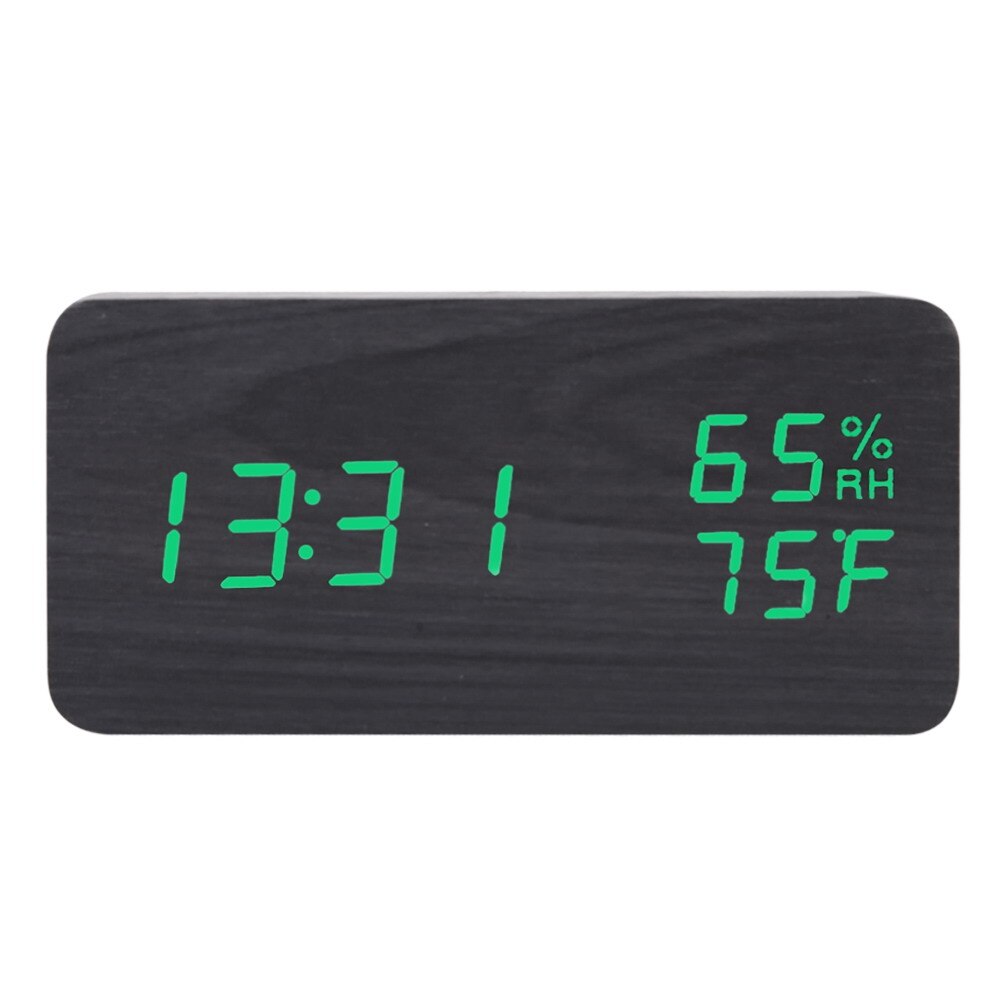 LED Wooden Alarm Clock Voice Control Digital Electronic Desktop Clocks Time Temperature Humidity Display Home Decor 15x4x7cm