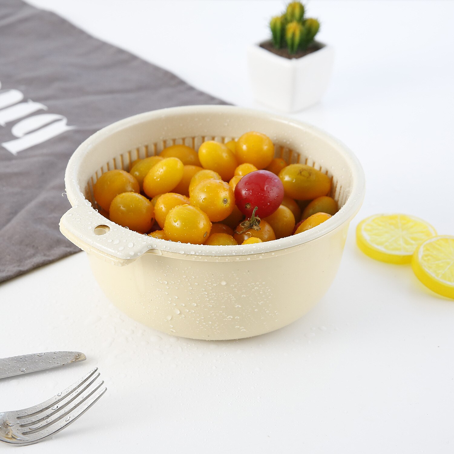 1 ud. Colador escurridor de cocina de plástico doble, colador de lavado de frutas y verduras, escurridor plegable, herramienta de cocina, triangulación de envíos: Beige / 21.6x9