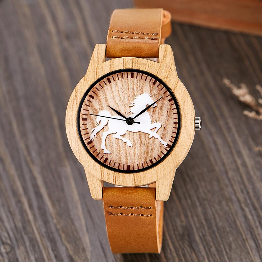 Wood Watch Men Women Couple Quartz Imitation Bamboo Wooden Male Animal Horse Watch Watches Leather Wrist Clock Reloj