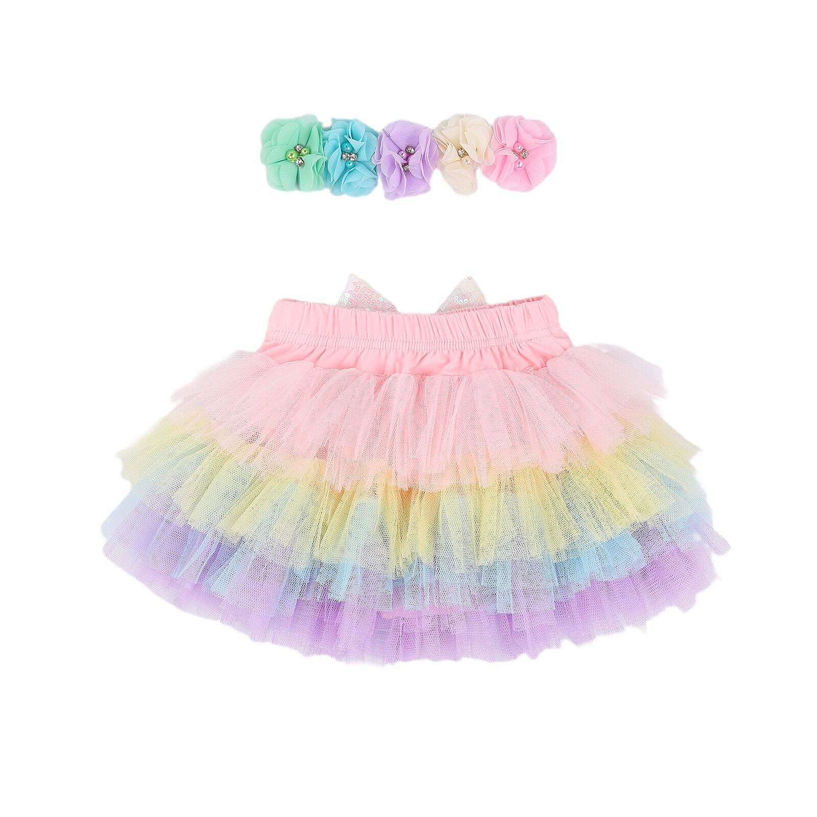 Kleinkind Baby Mädchen Bunte Regenbogen Ballettröckchen Felsen Stirnband, Bunte Pailletten Bowknot Gittergewebe Schicht Röcke Blume Headwear Outfit setzt