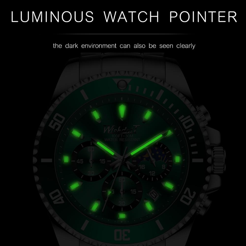 WISHDOIT-nuevos relojes para hombre, lujosos, a la , luminosos, a prueba de agua, cronógrafo, fase lunar, calendario, reloj de cuarzo de acero inoxidable