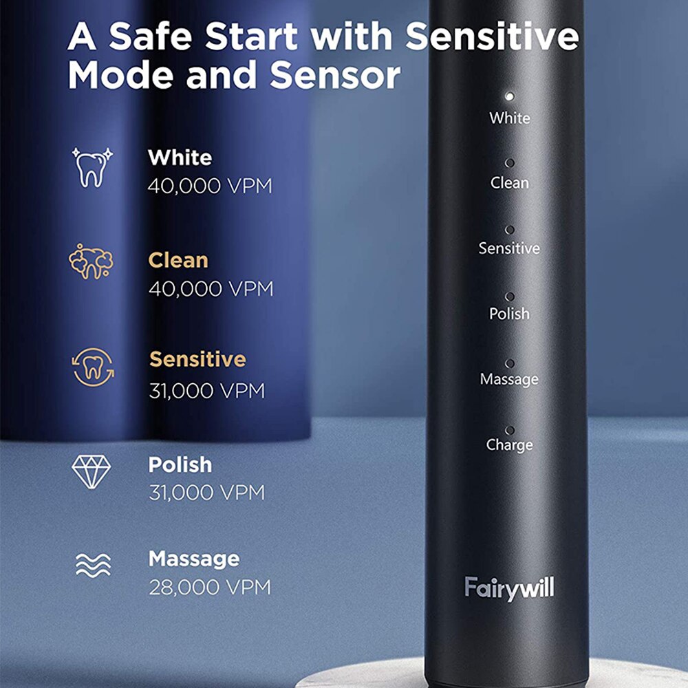 Fairywill-cepillo de dientes eléctrico P80 40.000 para adulto, microcepillos vibratorios con sensor de presión, cepillo de dientes electrónico impermeable