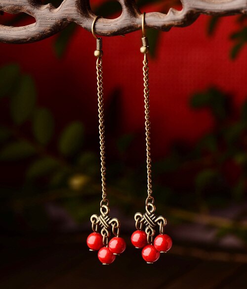 8 sezonów moda Handmade kobiety spadek kolczyki Antique Bronze Metal Link Chain Tassel Trendy chińskie etniczne kolczyki urok, 1 para: Red