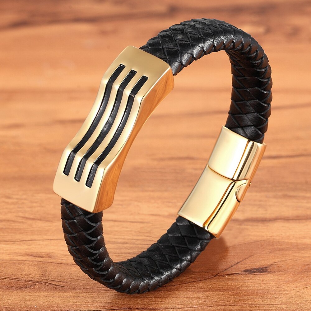 ¡Novedad de ! Pulseras para hombre con cadena de cuero en 3 colores, pulsera de acero inoxidable con cierre magnético a la , accesorios para hombre y mujer: Gold / 19 cm