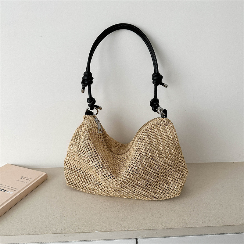 Straw Tote Bag Woven Shoulder Bag Summer Beach Ladies Straw Handbags Hobo Bags And Purses Weave: black
