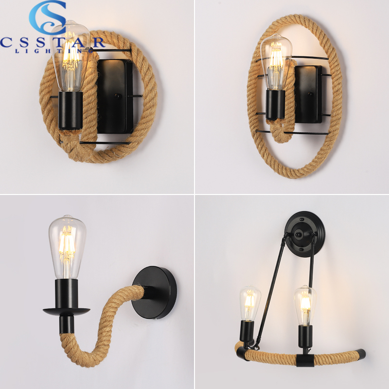 Væglampe i hampereb retrolampe indendørs væglampe loft industriel amerikansk stil  e27 110v 220v værelsesindretning væglampe