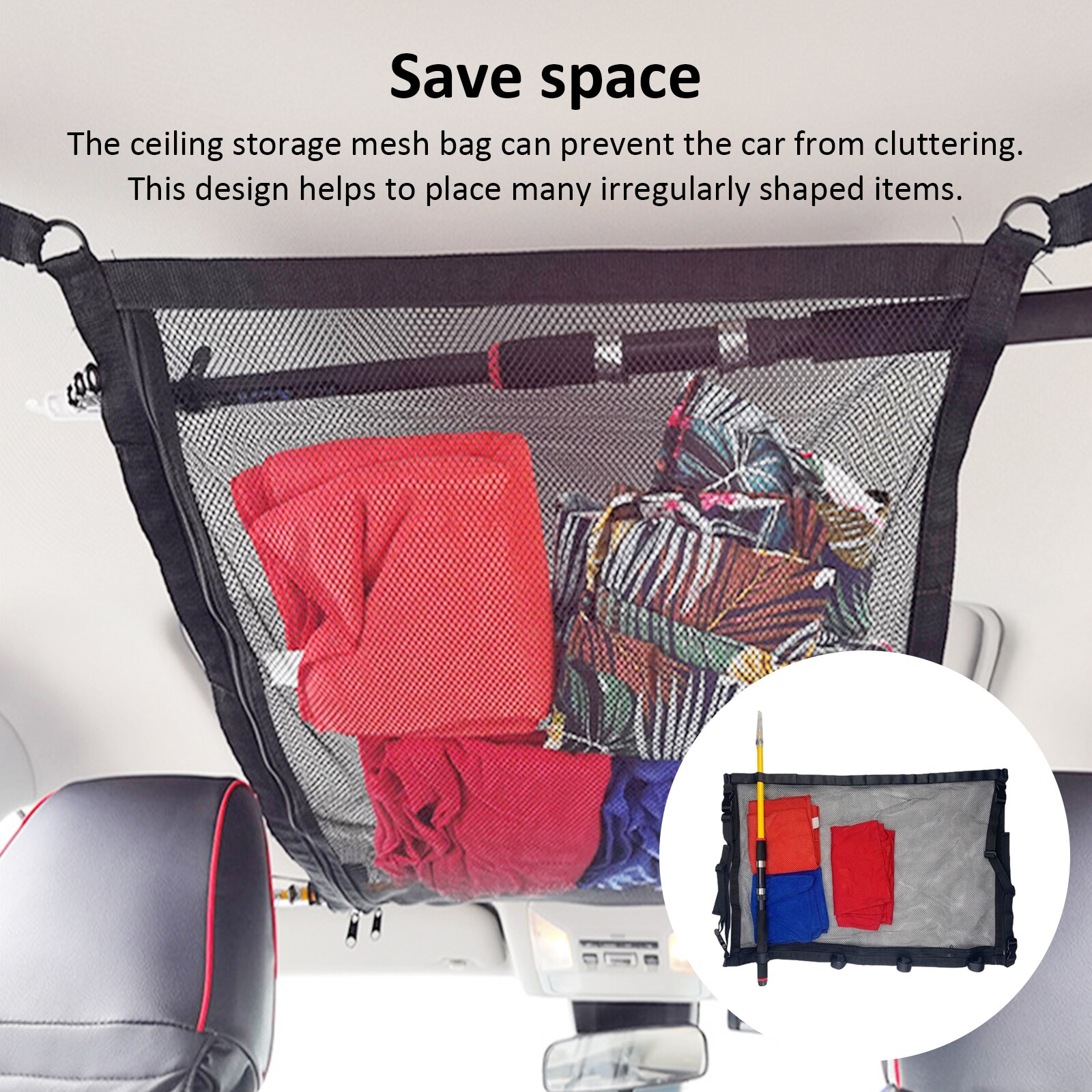 Ceiling Storage Mesh With Fishing Rod Holder Car Roof Rack Mesh Storage Rack Suitable For Long-distance Travel And Fishing