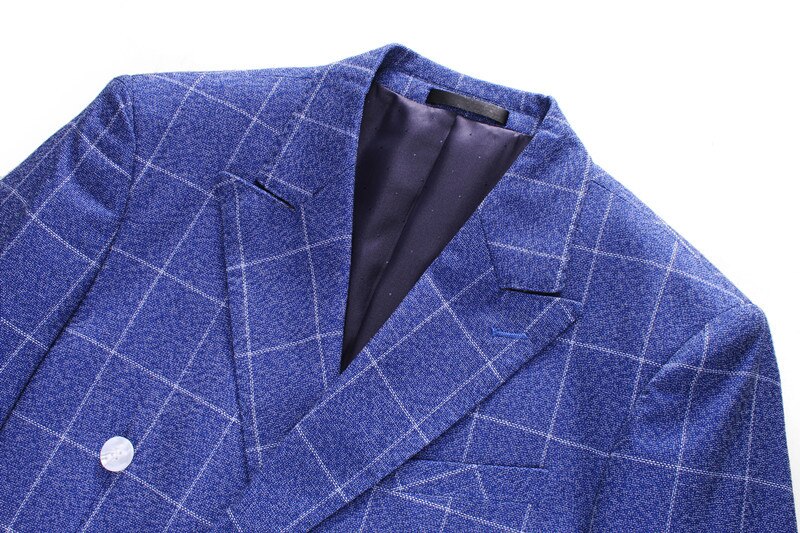 PYJTRL Brand England Style Blue Plaid Double-breasted Gentlemen Suit Jacket Wedding Groom Tuxedos Business Casual Slim Blazer