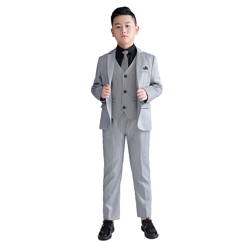 Blazer de talla grande para niños, traje negro y gris, traje Formal de boda, esmoquin para de cumpleaños, conjunto de ropa de caballero, 5 piezas: 5Pcs gray / 140cm