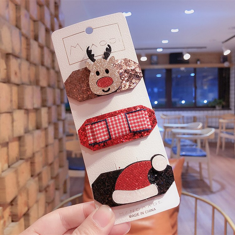 Zuid-koreaanse kerstjaar kinderhaaraccessoires baby bb clip kerstman haarspeldjes meisjes hoofdtooi set: Hertenkop strikhoed 3 stuks met kaart