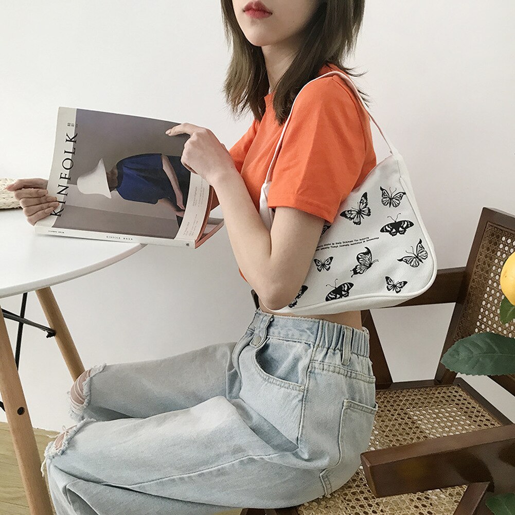 Frühling Frauen Kleine Handtasche Schmetterling Druck Leinwand Tote Damen Unterarm Tasche Reißverschluss halb Mond Taschen Baumwolle Tuch Geldbörse