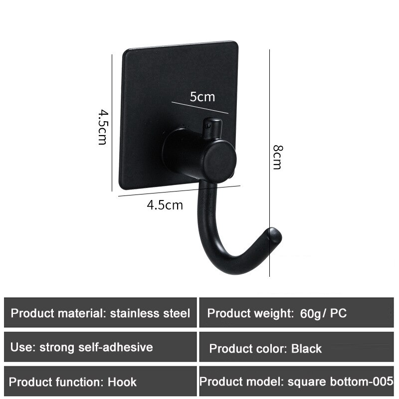 1PC SUS304 Robe Hooks Strong Self Adhesive Bathroom Stainless Steel Hook Wall Hangers Coat Towel Rustproof Hooks Kitchen Hardwar: Square Black 005