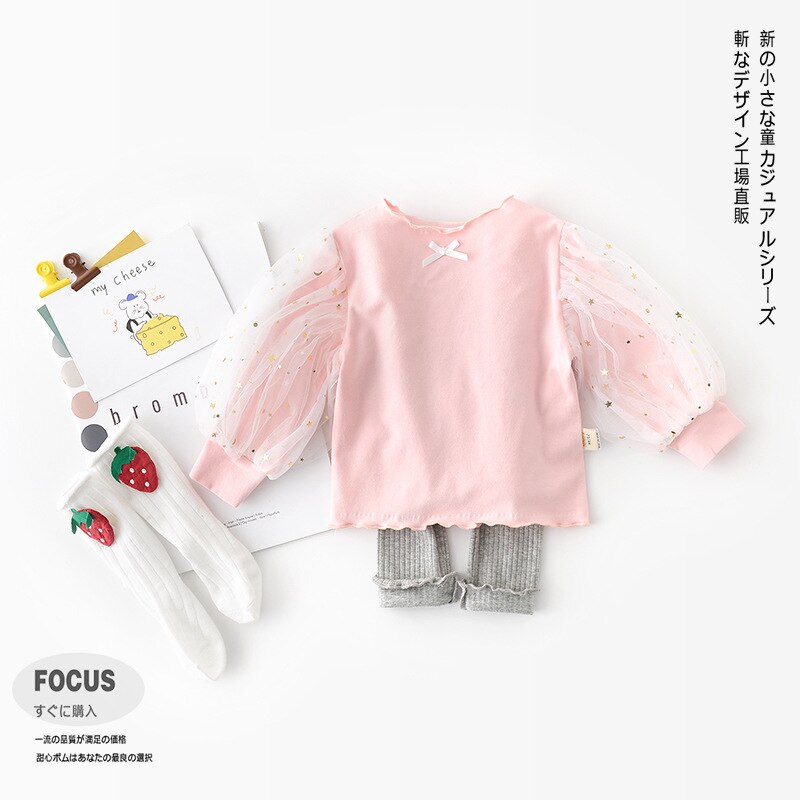 Frühling Neue Baby kinder Prinzessin Mesh Puff Hülse Bodenbildung Shirt Nette Baby Mädchen T Shirt Infant Baby Mädchen Weiß hemd