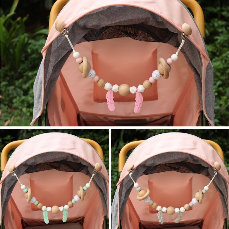 Pram Chain with Clips Nature Wooden Pram String Clips Mobile Pram Rattle Stroller Toys Neborn Toys