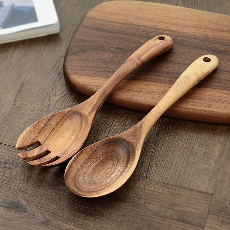 Large Wooden Spoon Set Big Salad Serving Spoon Fork Natural Wood Tablespoon Long Handled Cooking Spoon Kitchen Utensils