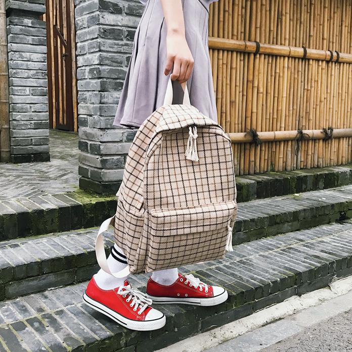 Conjunto de 2 Mochilas de lona con estampado A cuadros para mujer, bandoleras de lona para adolescentes, Mochilas escolares para chicas