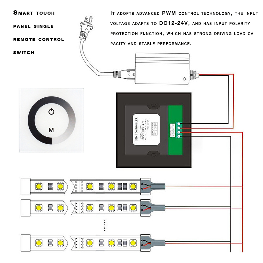 12-24V 1 Gang Wall Panel Touch Switch Light Control Dimmer Panel Wall-mounted Brightness Adjustable LED Light Strip Dimmer