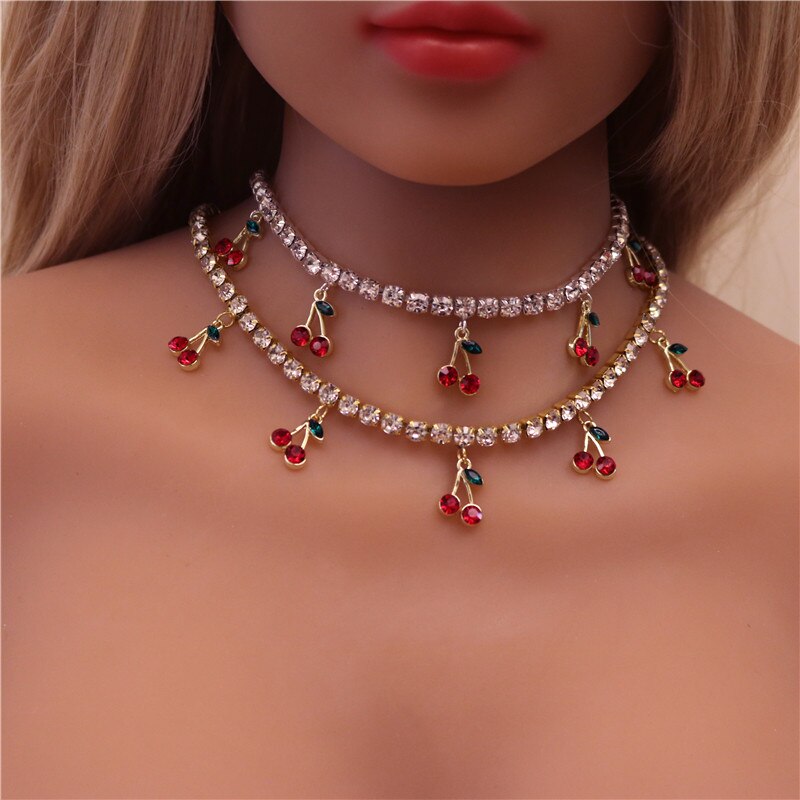 Neue Koreanische rot Kirsche Kristall Anhänger Halskette für Frauen Bling Strass Tennis Kette Halskette Luxus Schmuck: Gold