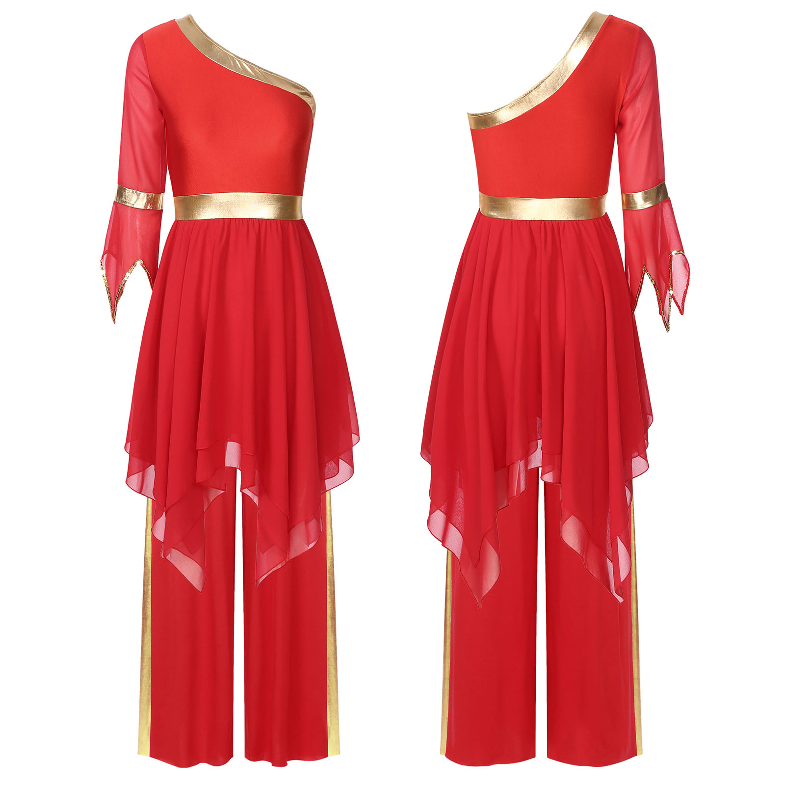 Tenue de culte de chorale d'église liturgique pour femmes, Costume de danse lyrique, asymétrique épaule dénudée, manches évasées, robe avec pantalon à jambes larges: XXL / Beige