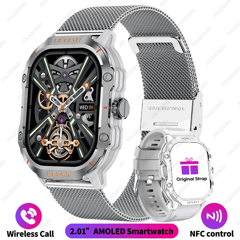 2025 nowy wojskowy Smartwatch 2.01 "AMOLED BT odpowiedź/zadzwoń NFC 100+ trybów sportowych opaska monitorująca aktywność fizyczną inteligentne zegarki dla android iOS: żółty