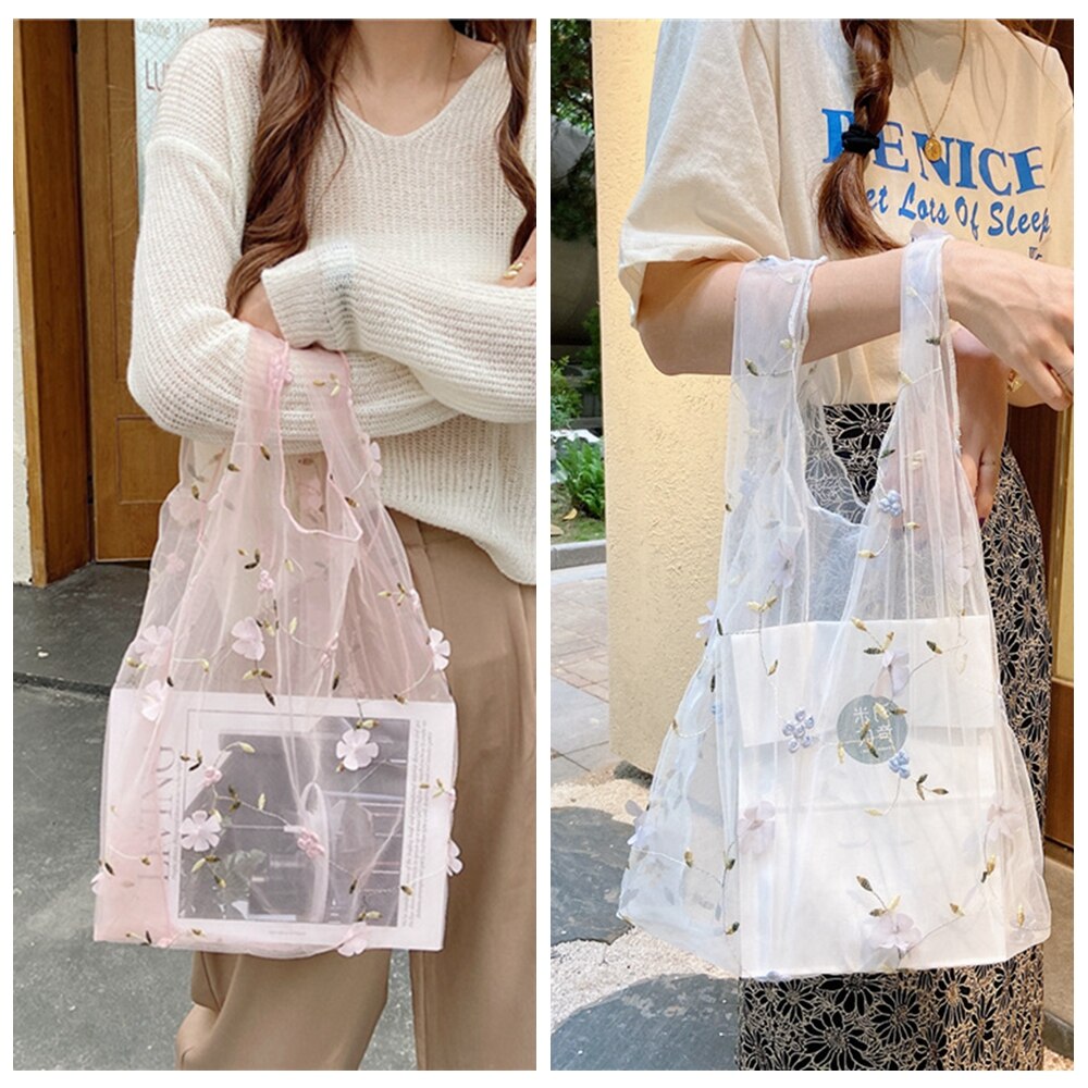 Delle Donne di modo Del Fiore Del Ricamo A Mano Sacchetto di organza casuale Tote Maglia shopping Borse Donna Borse Riutilizzabili