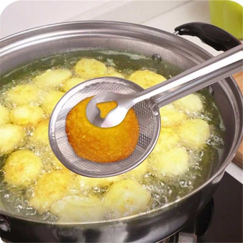 Colador de acero inoxidable plateado, cuchara para aceite, escurrir pollo frito, colador de piernas, Snack, sartén de freír, Clip de comida, colador de aceite
