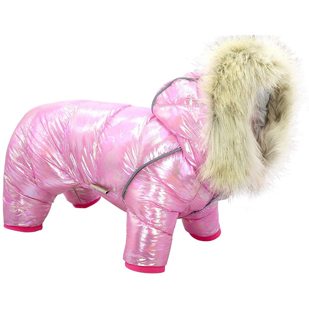 Ropa de invierno para perro, monos de lujo con Cuello de piel, abrigo acolchado grueso e impermeable para perros pequeños, cálido para mascotas, traje de nieve y tormenta: pink / 18