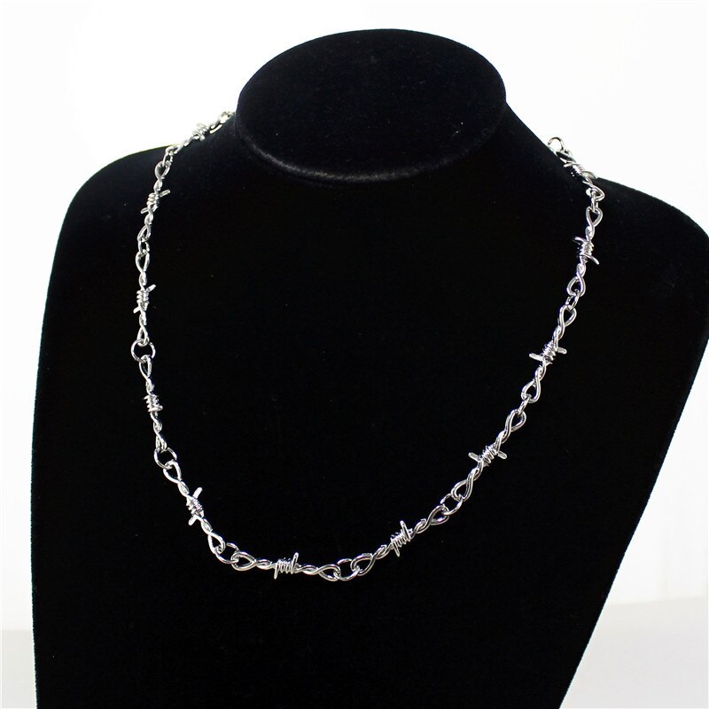 Ensemble Punk, gothique, en alliage de fils de fer barbelé, rambardes, lame, collier, lien, bijoux Bracelet, ras du cou hanche, unisexe, pour femmes, hommes et femmes: Thin Necklace
