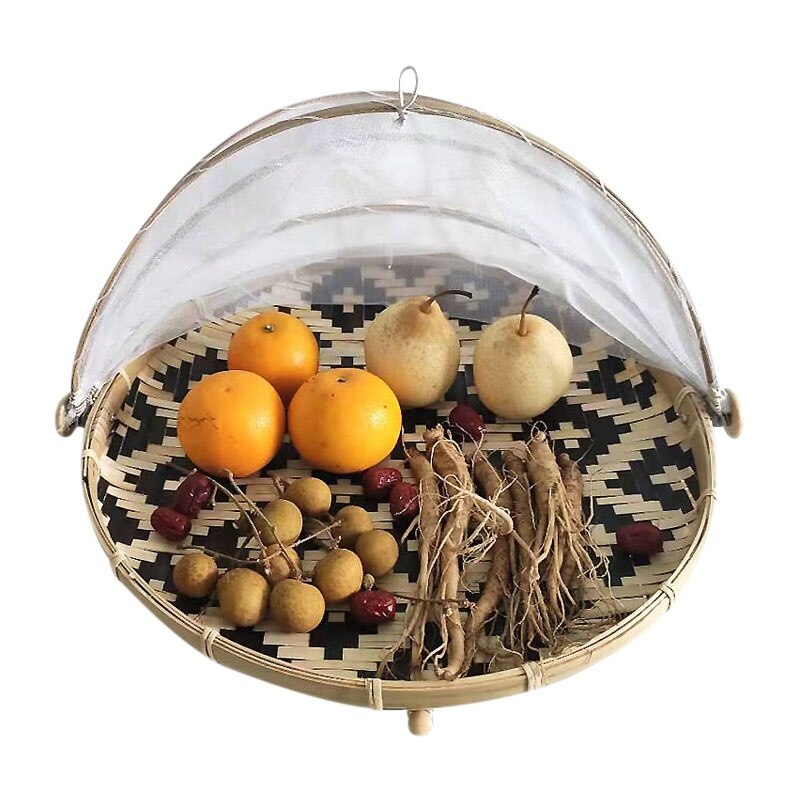 Hand-Woven Rectangular Bamboo Food Serving Tent Storage Basket Tray Mesh Storage Container With Gauze Cover Panier De Rangement